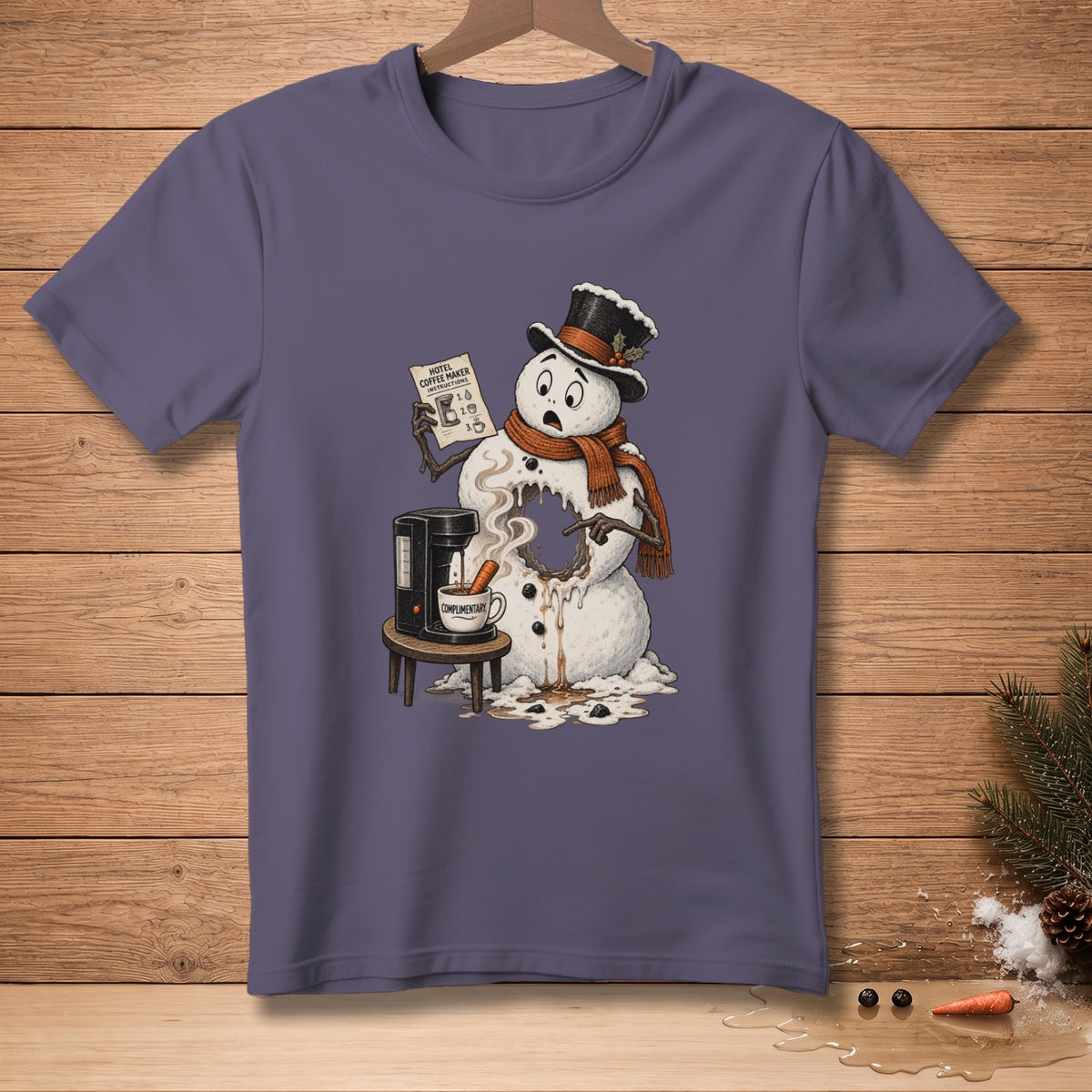 T-shirt graphic of a melting snowman reading hotel coffee maker instructions next to a coffee machine.