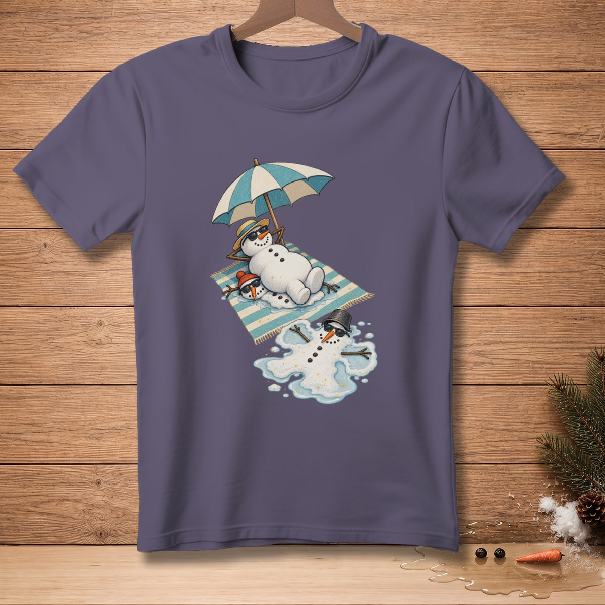 Snowman sunbathing under umbrella with melting snowman friend on beach towel.