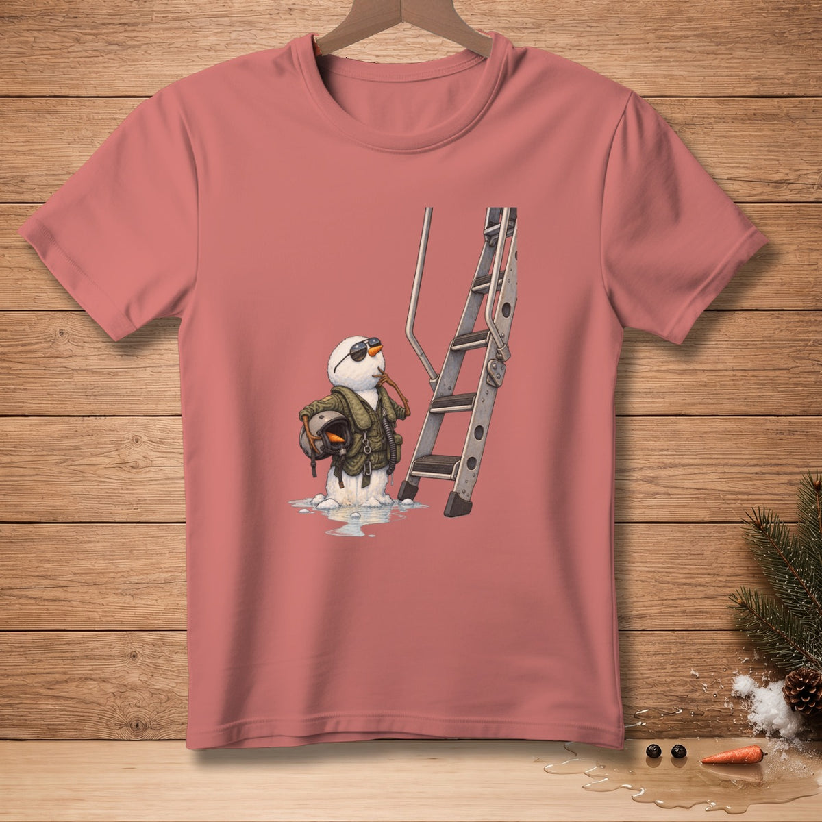 Snowman in aviator gear holding a helmet next to a ladder.