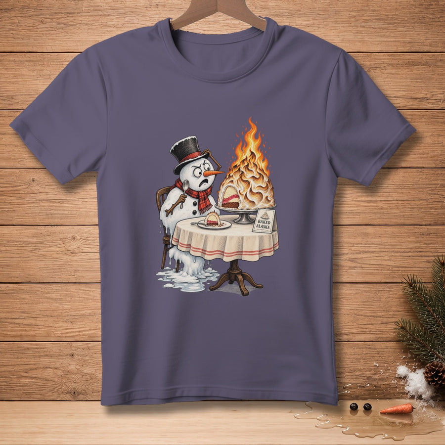 Snowman melts next to flaming Baked Alaska dessert.