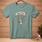 Teal t-shirt with a snowman parachuting with "GREAT VIEW" on the parachute.