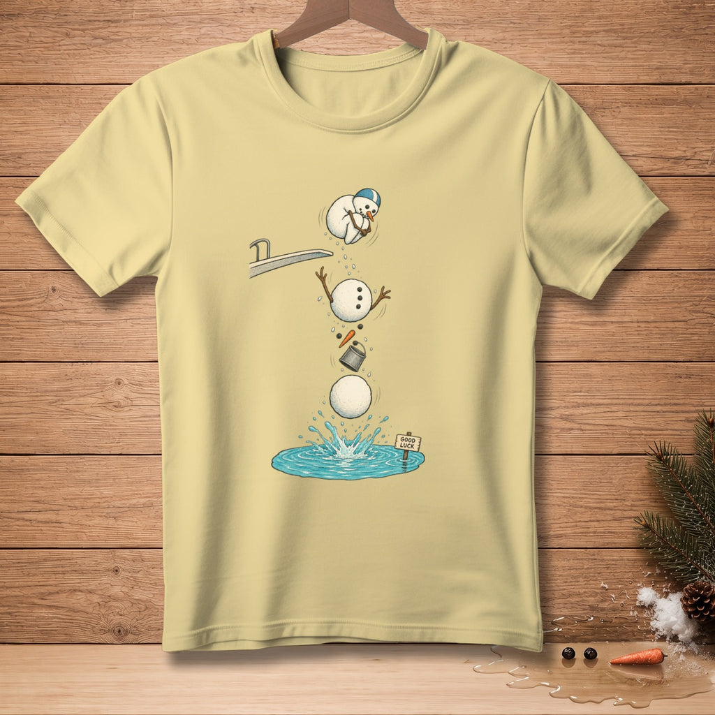 Yellow t-shirt with cartoon snowman falling into water, with a "Good Luck" sign.