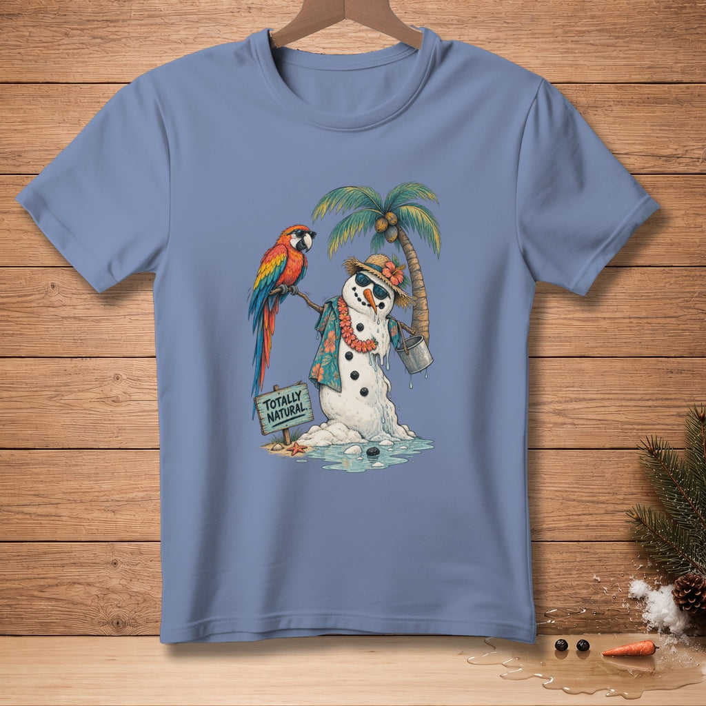 Melting snowman with parrot on tropical island, holding bucket, sign says "TOTALLY NATURAL".