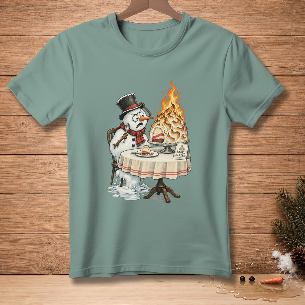 Melting snowman looks upset at a flaming Baked Alaska dessert.