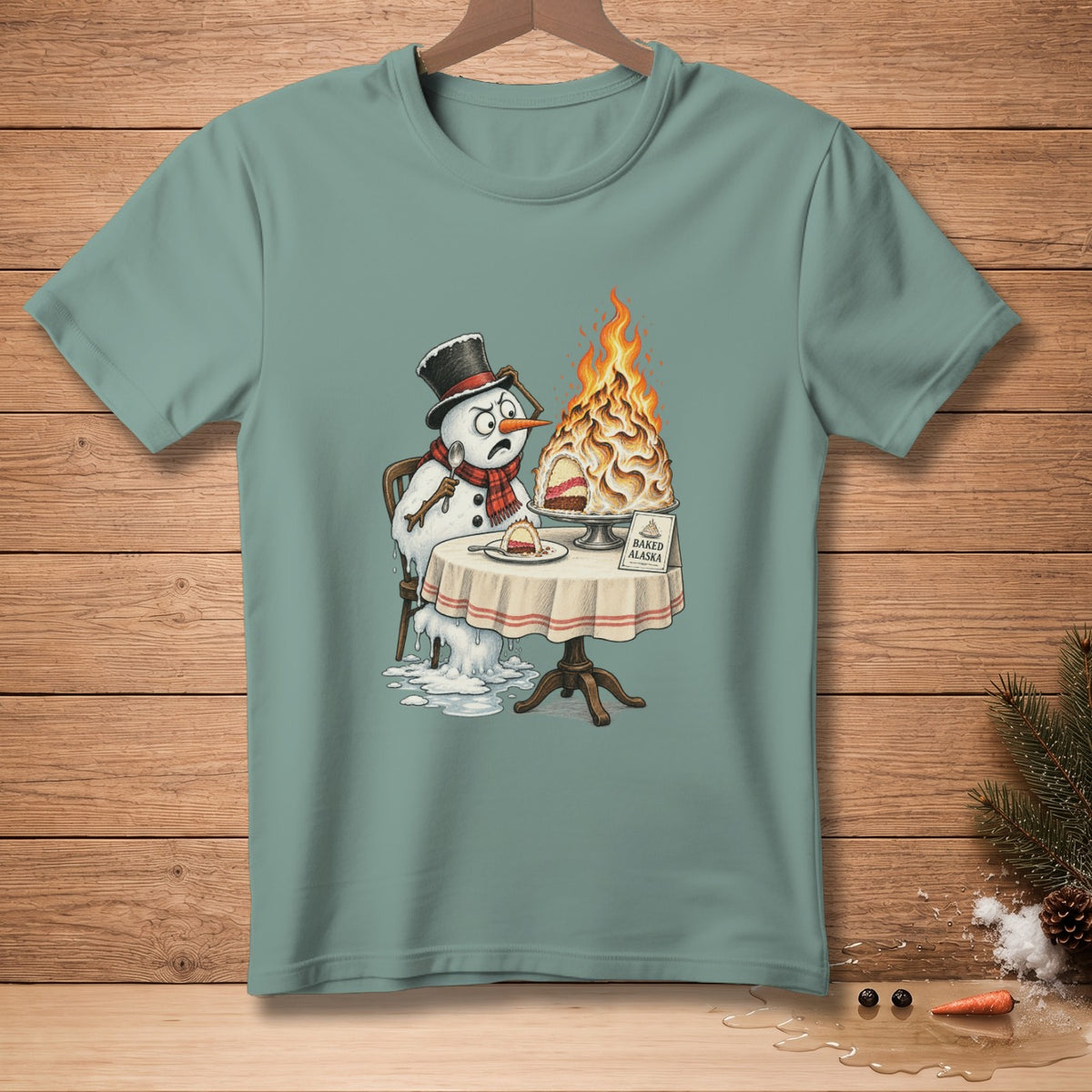 Melting snowman looks upset at a flaming Baked Alaska dessert.