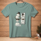 Melting snowman with top hat and "Core Support" belt looks in mirror.