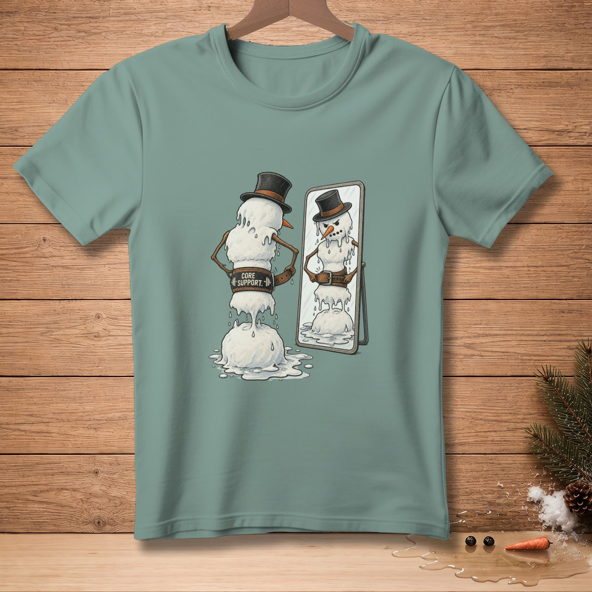 Melting snowman with top hat and "Core Support" belt looks in mirror.