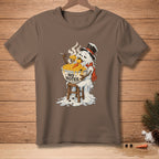 Melting snowman eating mac and cheese from a bowl with text "NO NOTES."