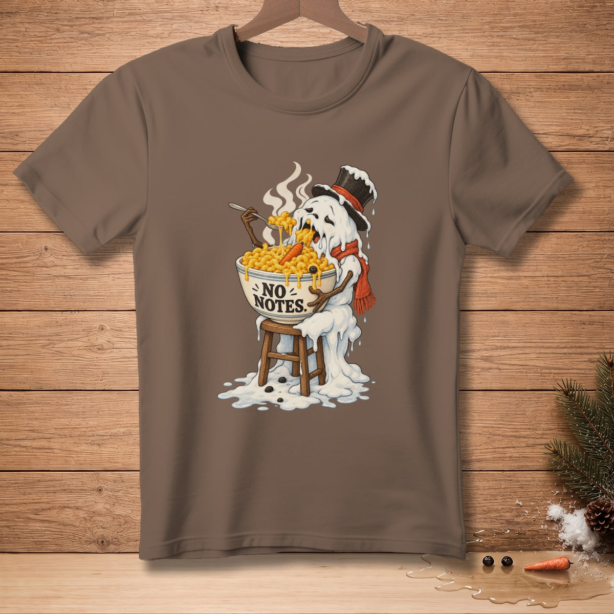 Melting snowman eating mac and cheese from a bowl with text "NO NOTES."