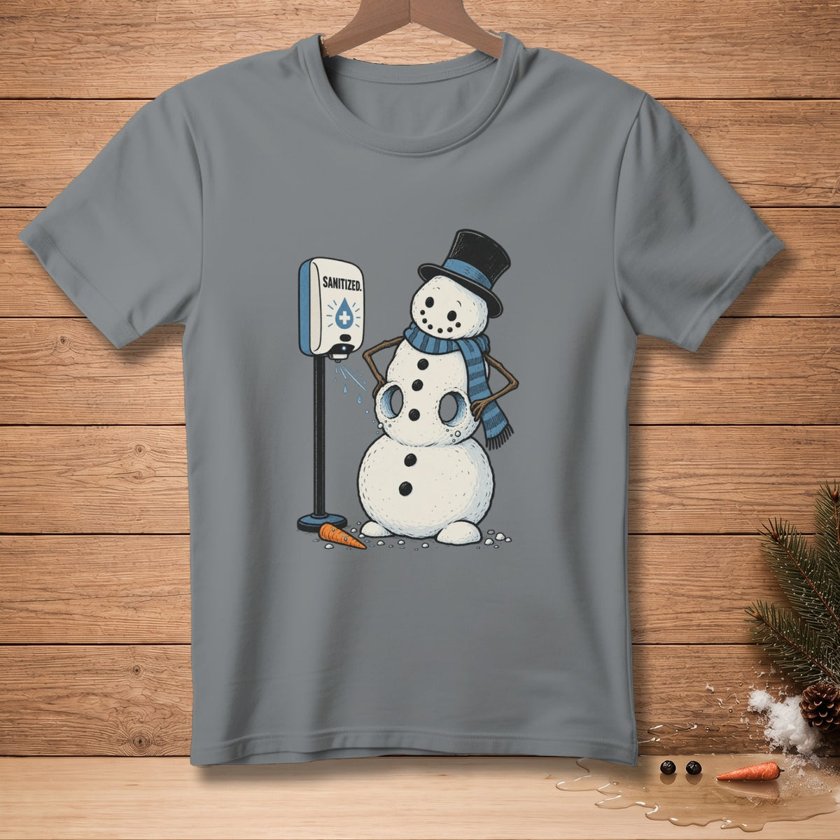Snowman wearing a top hat and scarf uses a hand sanitizer dispenser.