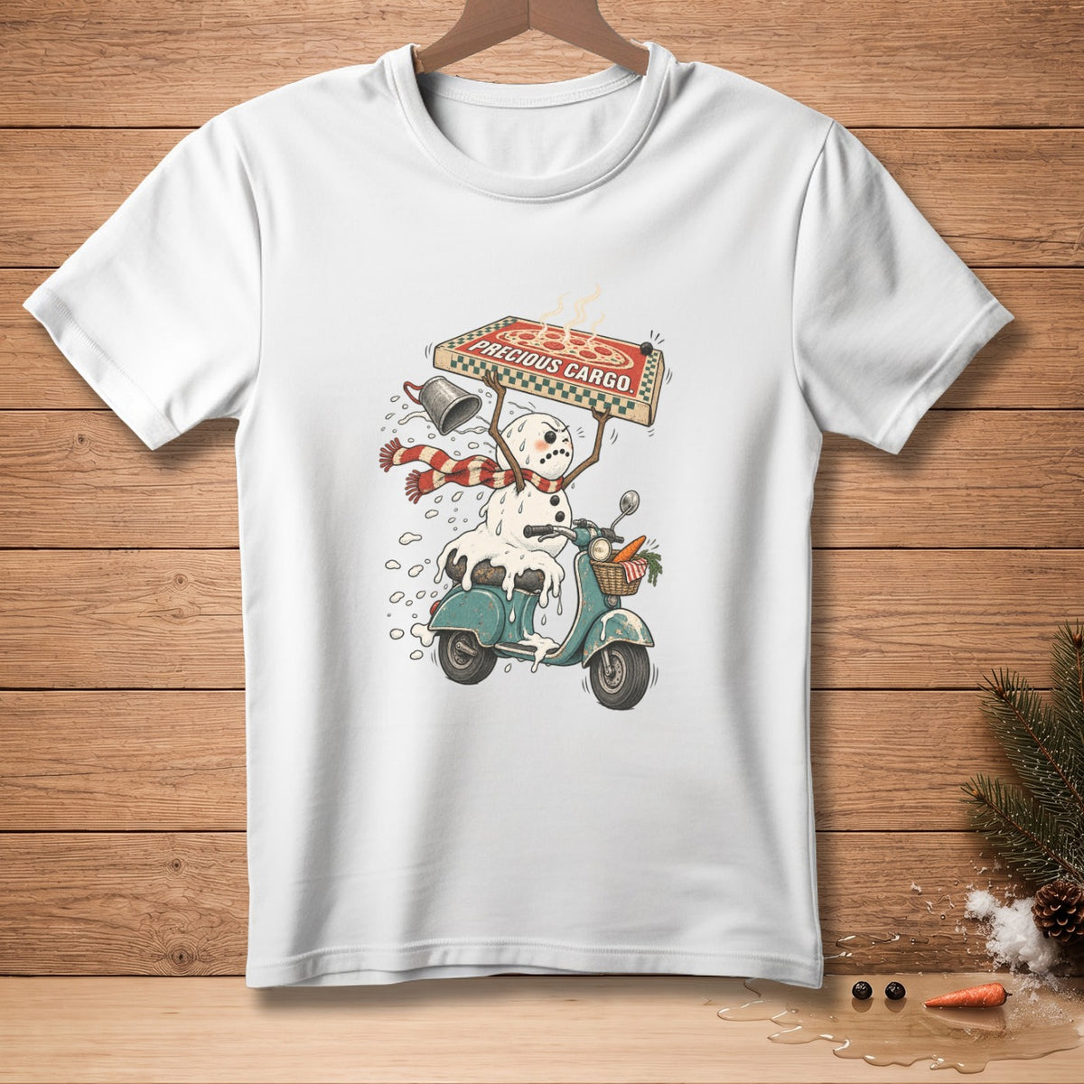 Melting snowman on scooter carrying pizza with text "PRECIOUS CARGO".