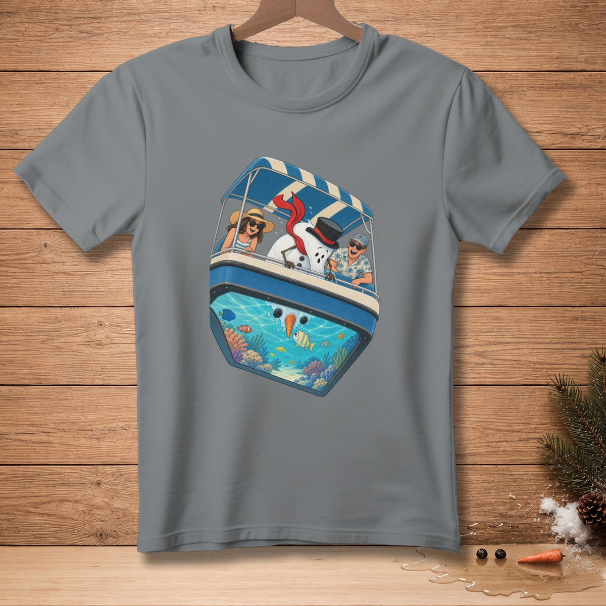 Snowman in a boat with people, viewing coral reef and fish.