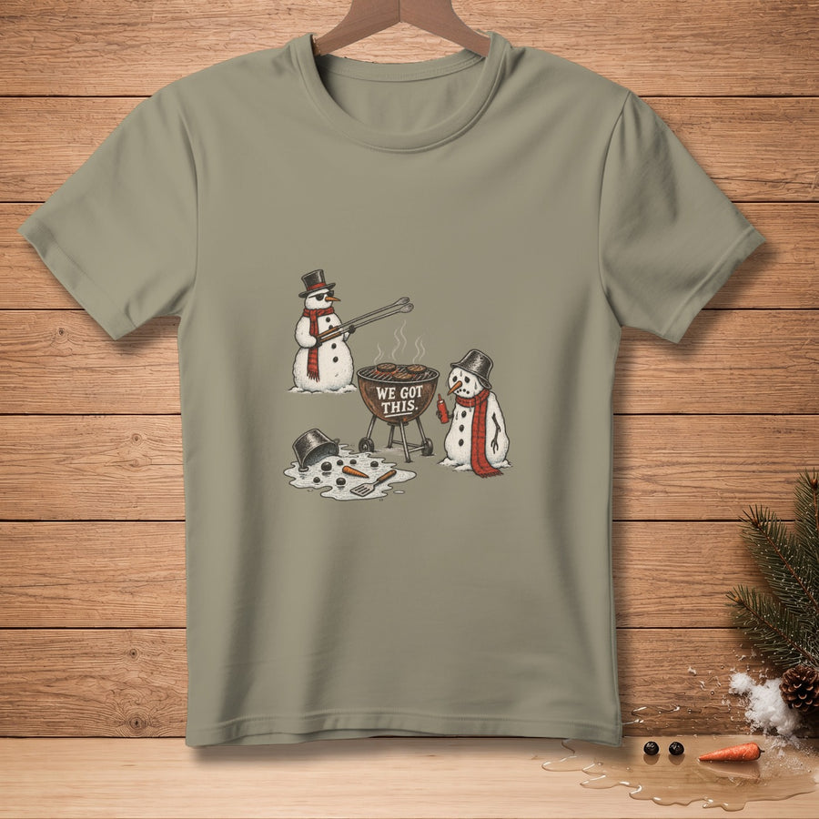 T-shirt graphic of snowmen grilling with text "WE GOT THIS."