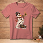 Melting snowman in a top hat playing trumpet with "Hot Jazz" suitcase.