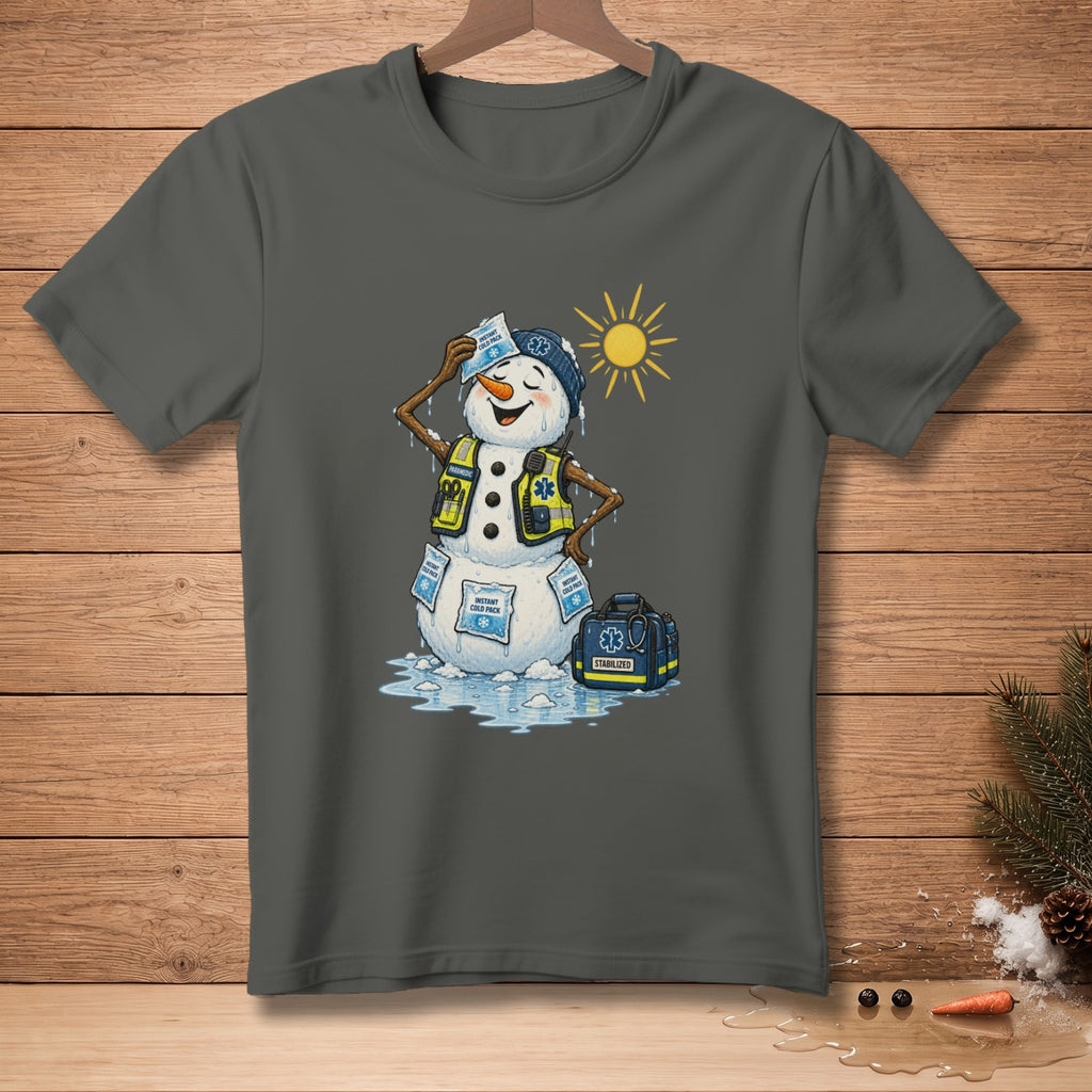 Melting snowman with paramedic vest, cold packs, and medical bag under a sunny sky.