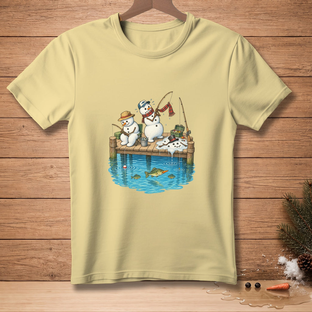 Two snowmen fishing on a dock with fish swimming below.