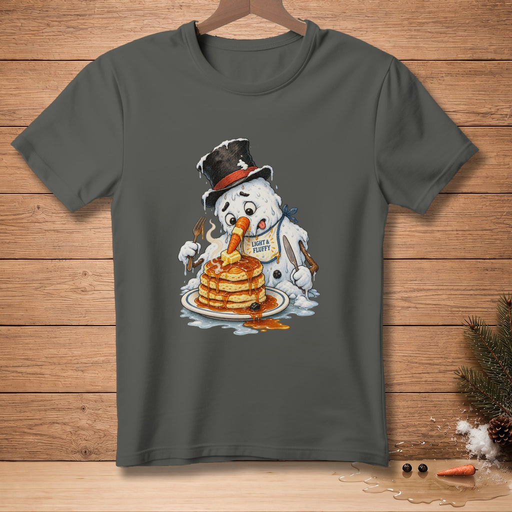 Melting snowman with carrot nose eating pancakes on a plate.