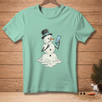 Mint t-shirt with melting snowman holding SPF 100 sunscreen.
