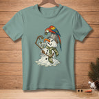 Melting snowman with parrot on bucket hat holds martini with "One More Olive" text.