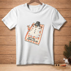 White t-shirt with a melting snowman sunbathing and text "GETTING SOME COLOR."