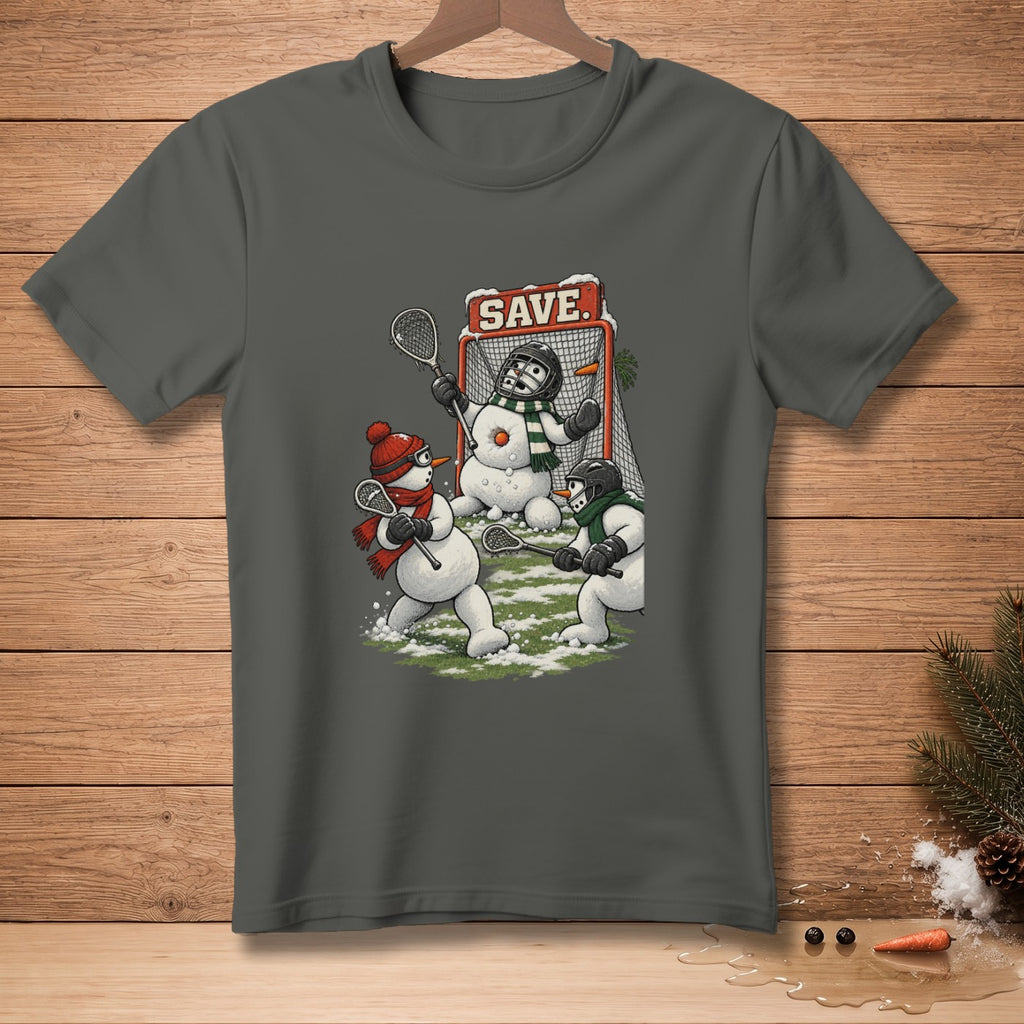 Snowmen playing lacrosse with a "SAVE" sign on the net.