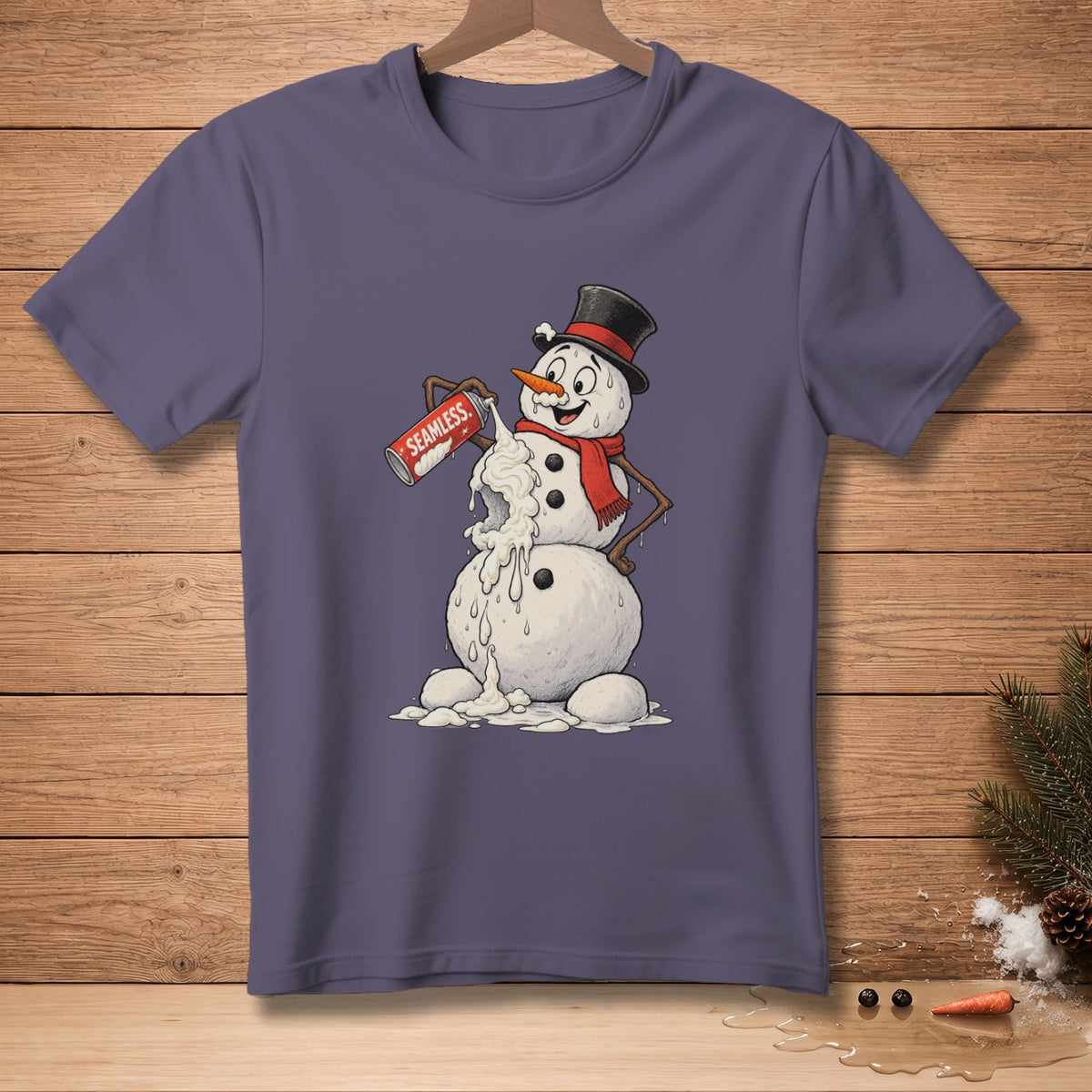 Snowman wearing a hat and scarf, spraying whipped cream from a can labeled "SEAMLESS."