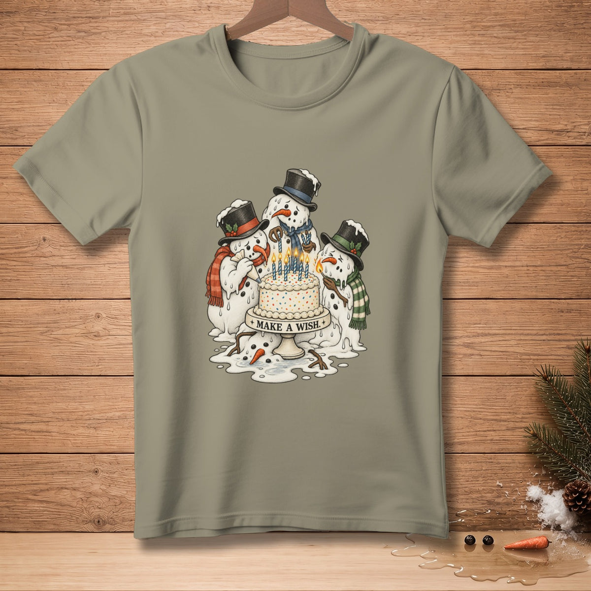 Melting snowmen celebrate a birthday cake with candles and "Make A Wish" text.