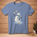 Snowman melting with a hairdryer that says "ALMOST DRY".