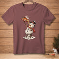 Melting snowman eating pizza from a dish that says "Hot & Ready".