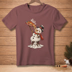 Melting snowman eating pizza from a dish that says "Hot & Ready".