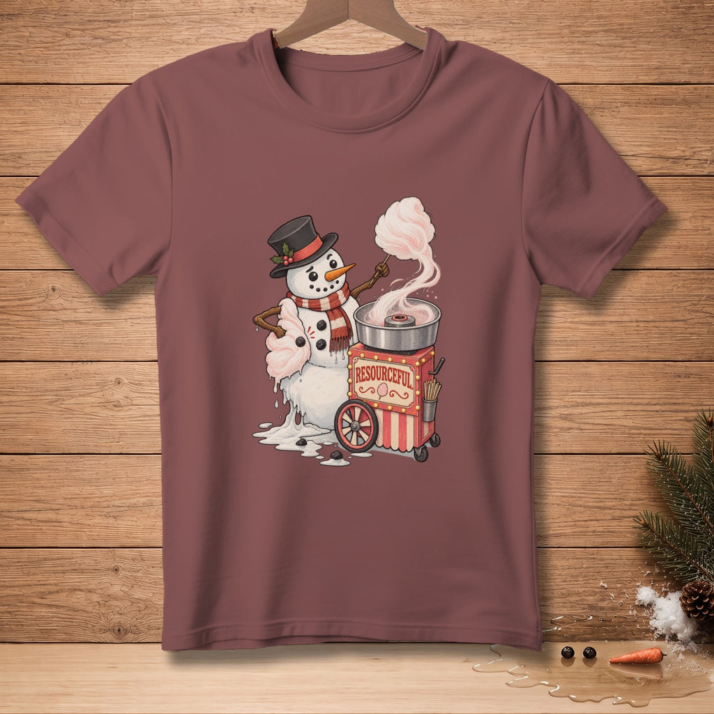 Snowman making cotton candy on a cart labeled "Resourceful"