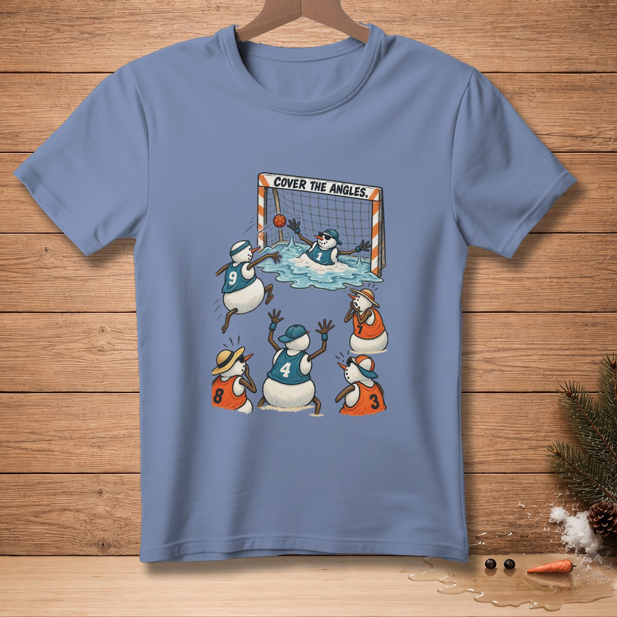 Snowmen playing water polo with text "COVER THE ANGLES."