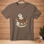 Snowman in a mud bath with cucumber slices and a "DETOX" sign.