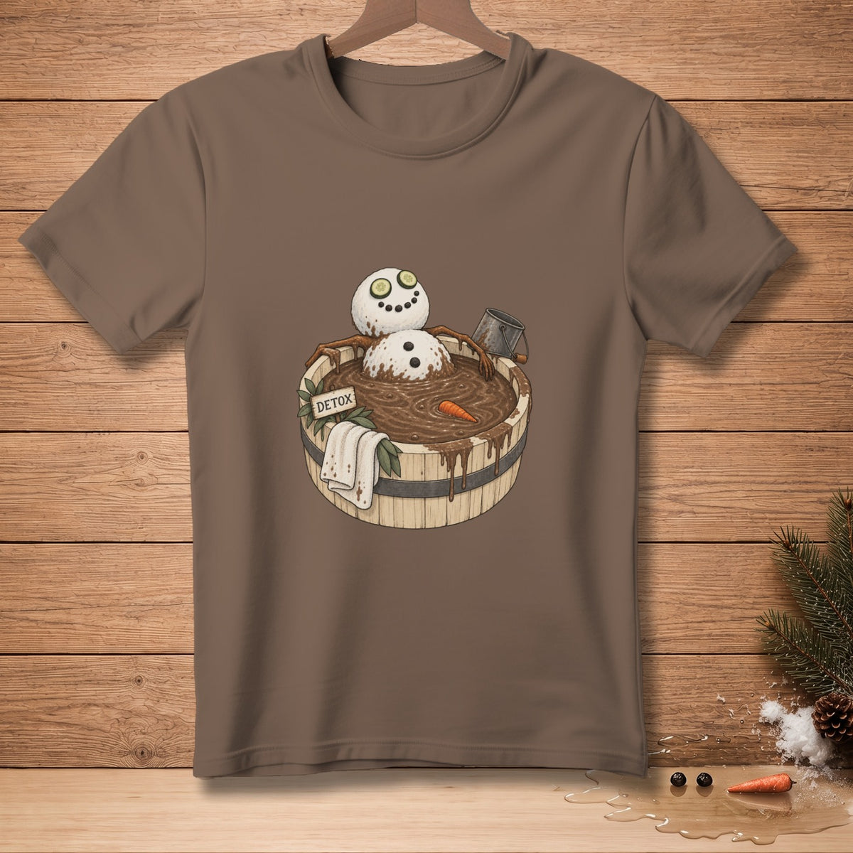 Snowman in a mud bath with cucumber slices and a "DETOX" sign.