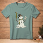 Melting snowman with martini glass of olives and "Two Olive Limit" sign.