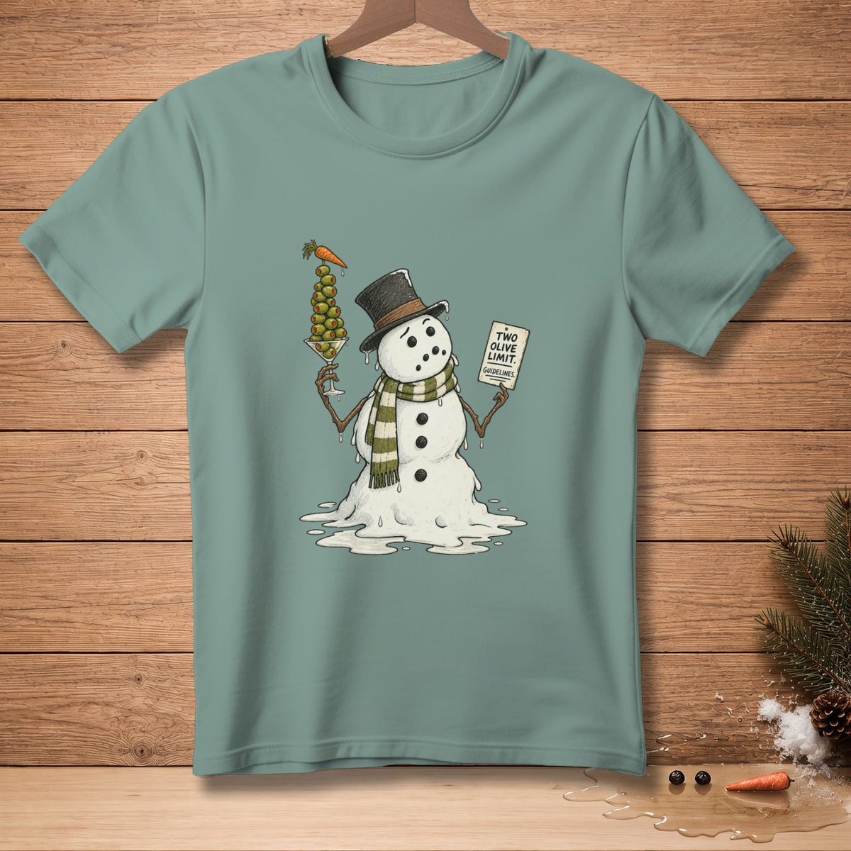 Melting snowman with martini glass of olives and "Two Olive Limit" sign.