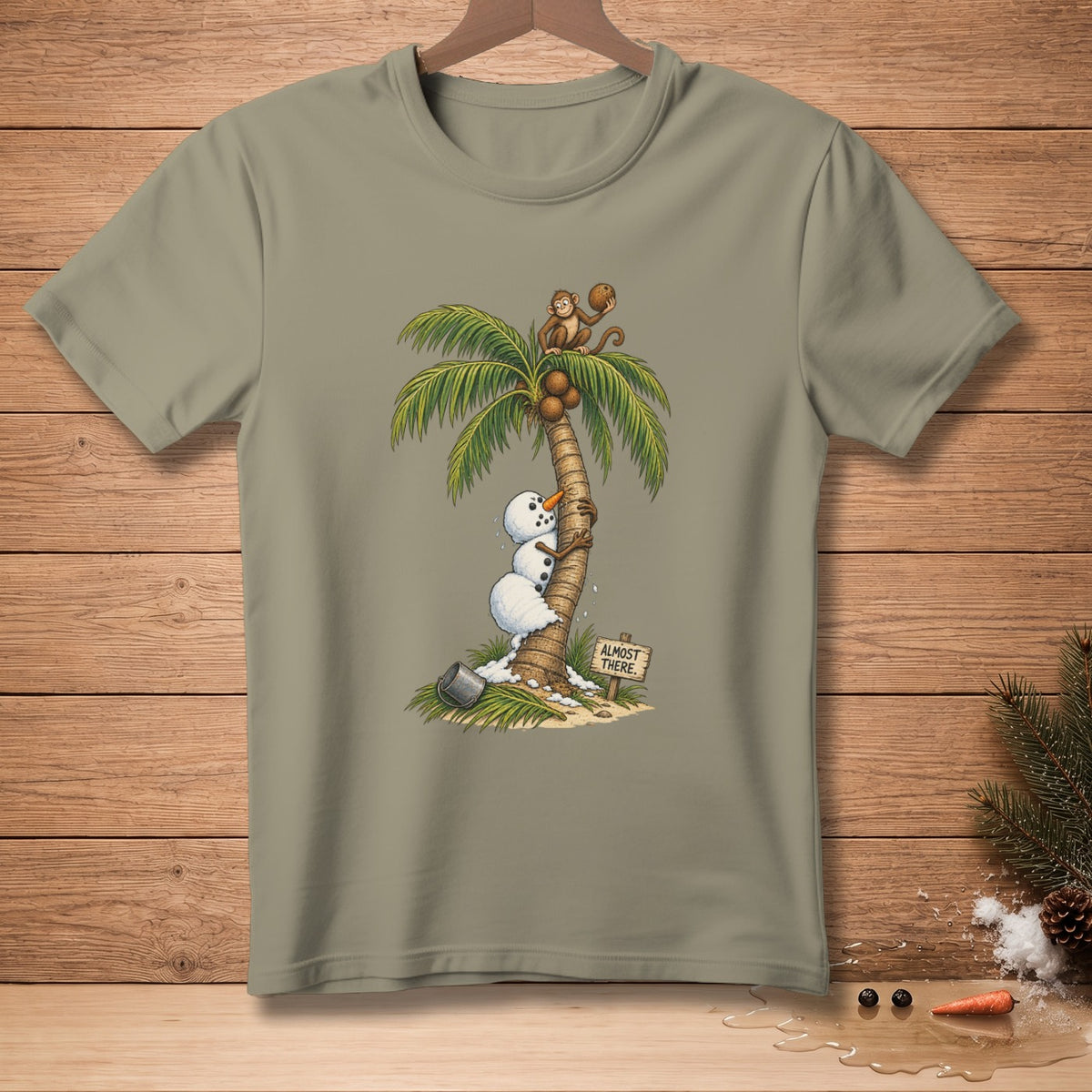 Snowman climbing palm tree with monkey and "Almost There" sign.
