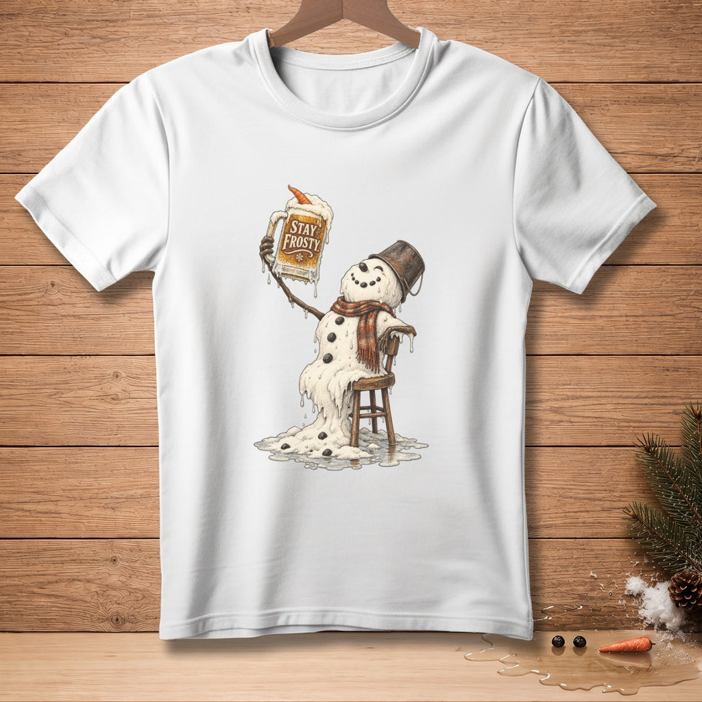 Melting snowman holding a mug with text "STAY FROSTY".