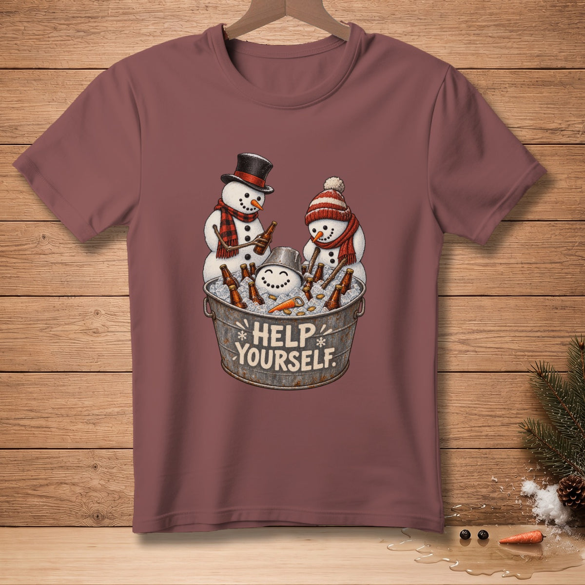 Snowmen in a bucket of ice with beer bottles, text "HELP YOURSELF".