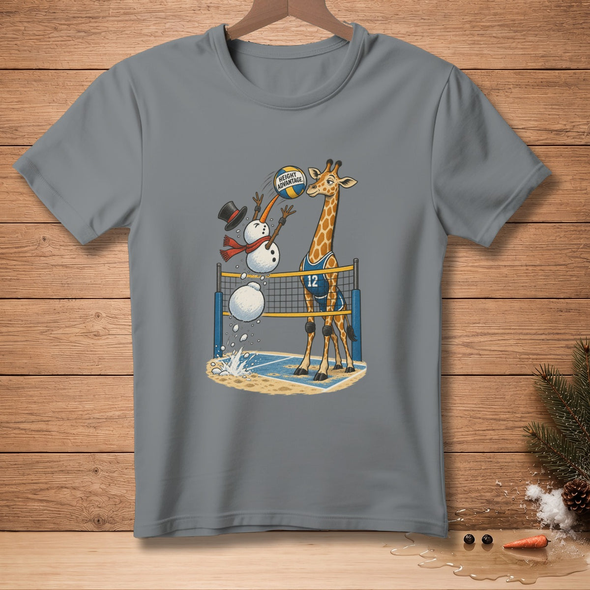 Giraffe and snowmen playing volleyball with "Height Advantage" text on ball.