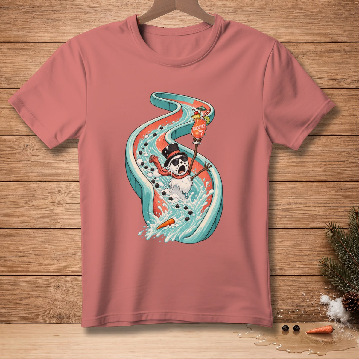 Snowman in sunglasses and top hat slides down water flume holding cocktail.