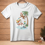 Snowman with cocktails and monkey under palm tree graphic on white t-shirt.