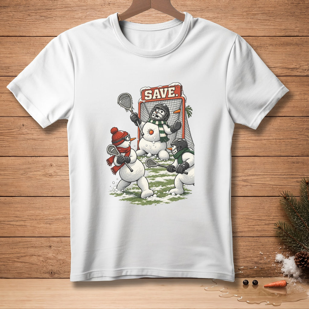 Snowmen playing lacrosse with a net that says SAVE.