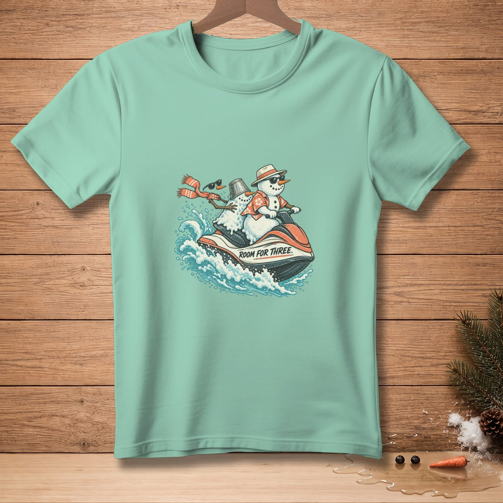 Two snowmen riding a jet ski with text "ROOM FOR THREE."