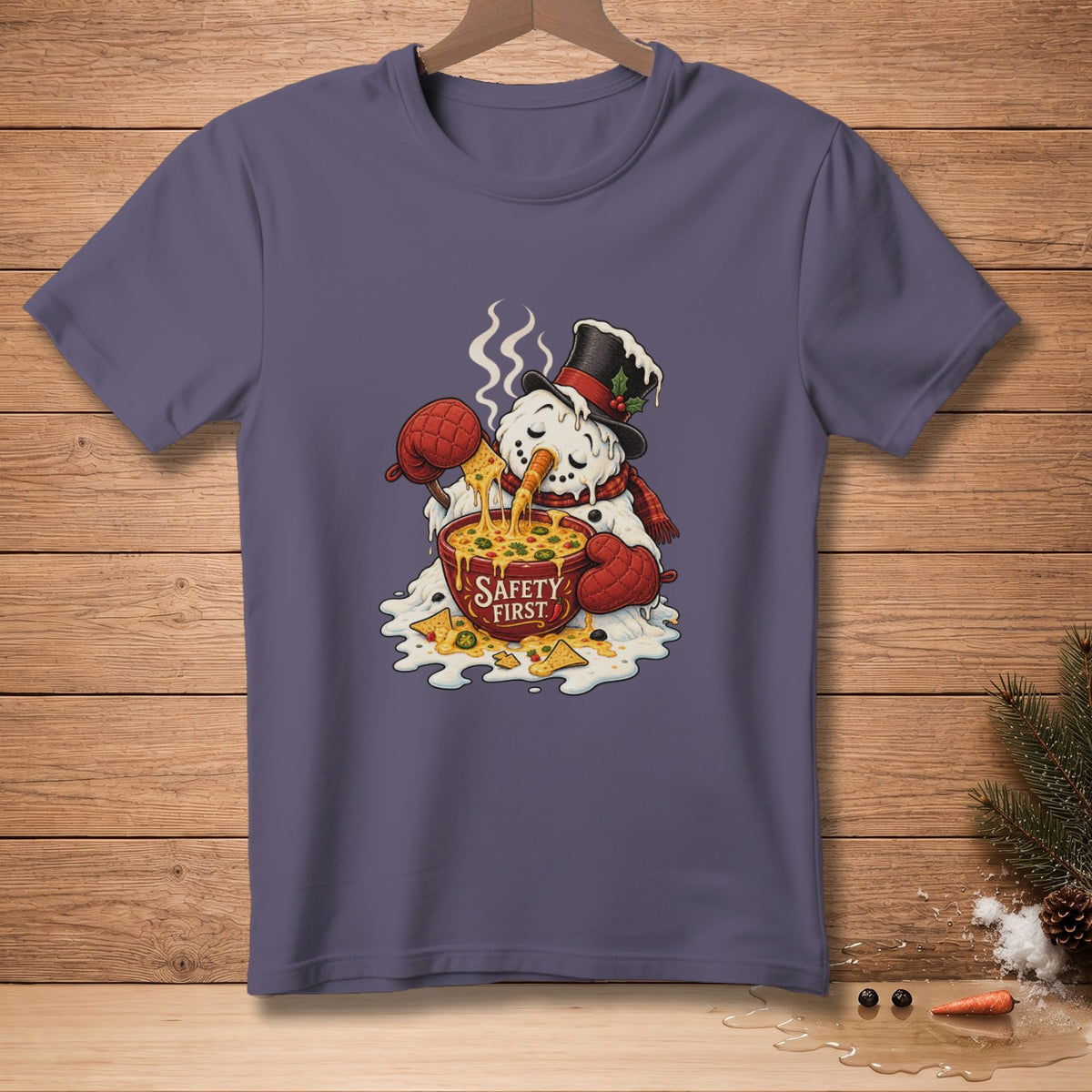 Snowman eating nachos from a bowl labeled "Safety First".