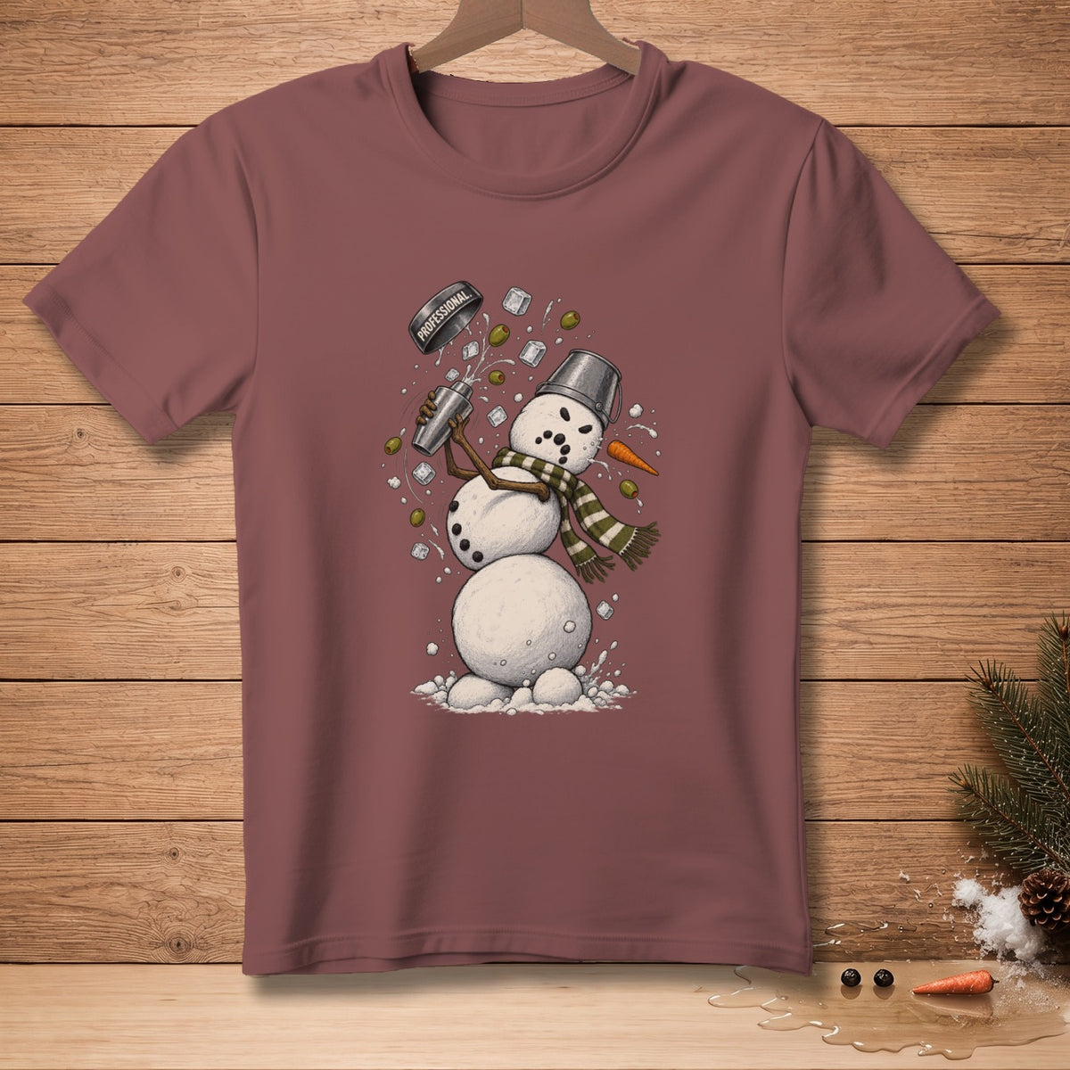 Snowman with bucket hat shaking cocktail shaker with olives and ice.