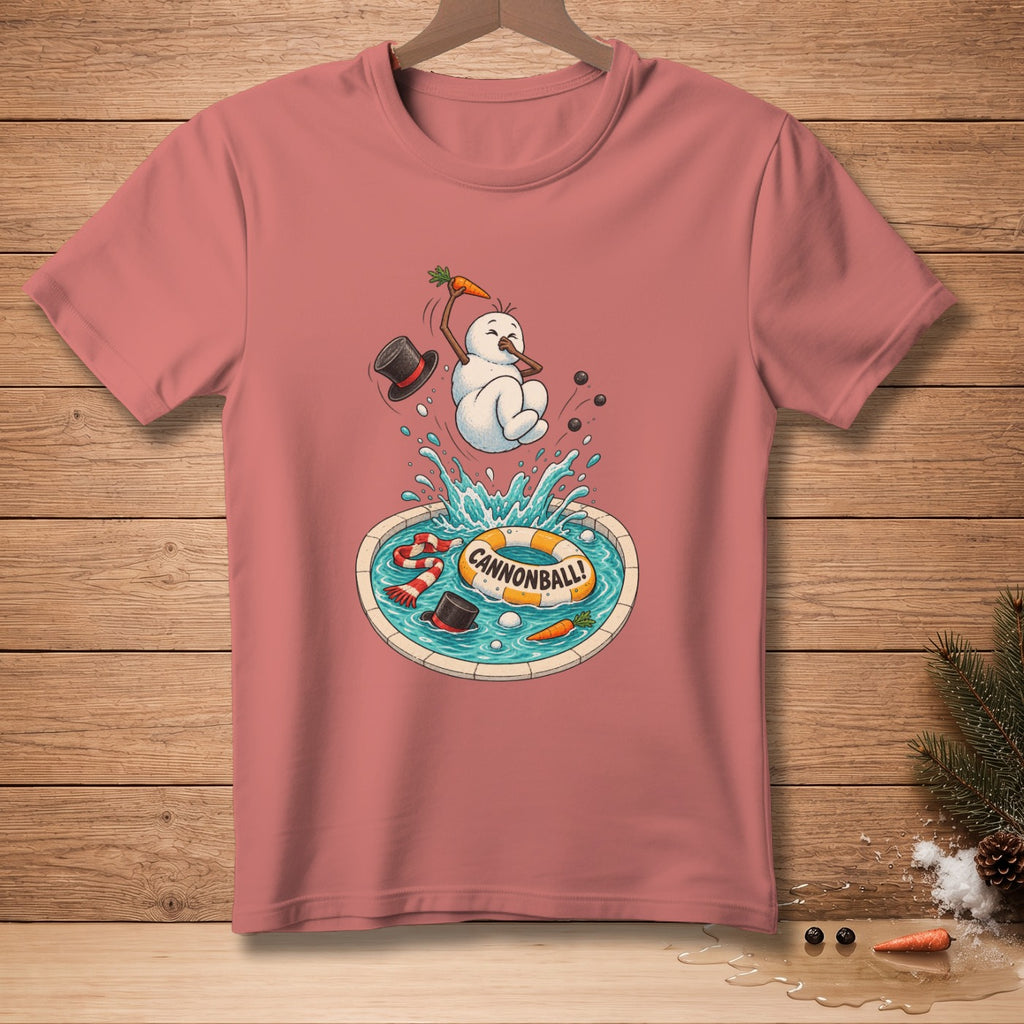 Snowman cannonballing into pool with "Cannonball!" life preserver.