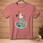 Snowman cannonballing into pool with "Cannonball!" life preserver.