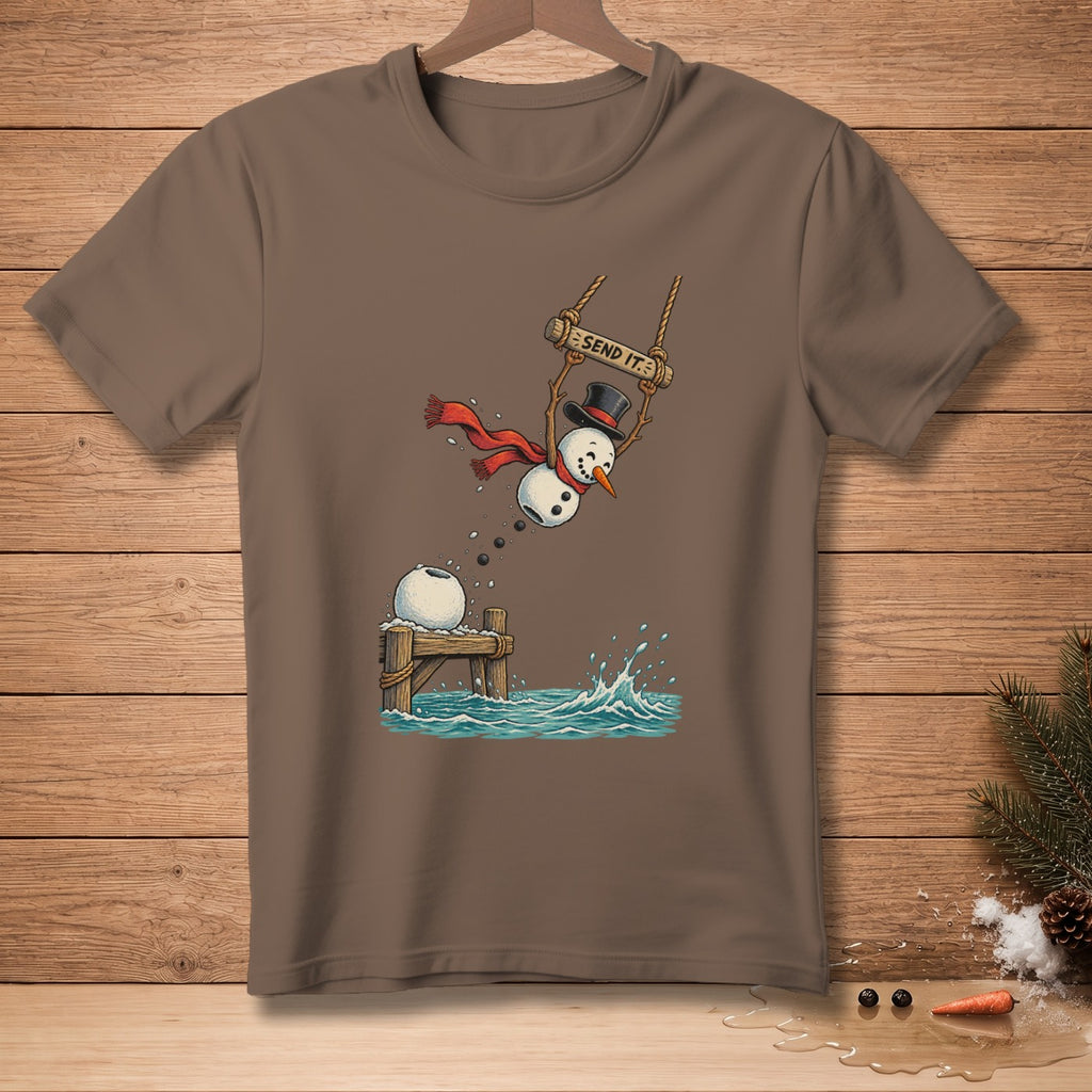 Snowman on swing labeled "SEND IT." jumping into water from dock.