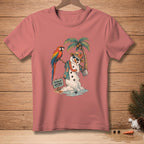 Melting snowman with parrot under palm tree, "Totally Natural" sign.
